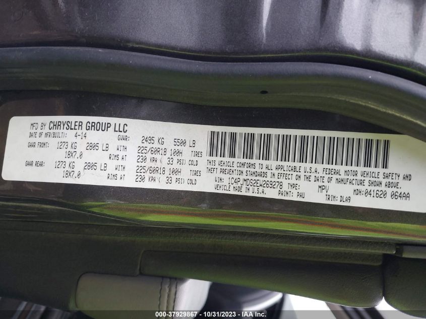 2014 Jeep Cherokee Limited VIN: 1C4PJMDS2EW269278 Lot: 37929867