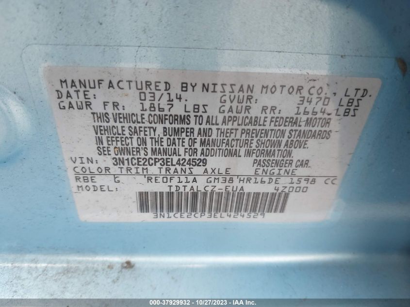 3N1CE2CP3EL424529 2014 Nissan Versa Note S Plus