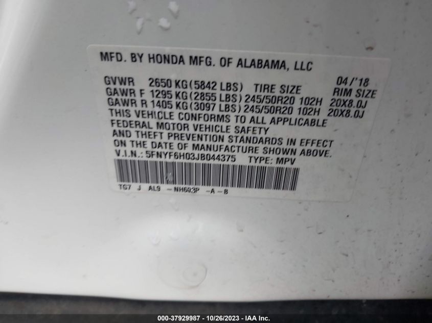 5FNYF6H03JB044375 2018 Honda Pilot Elite