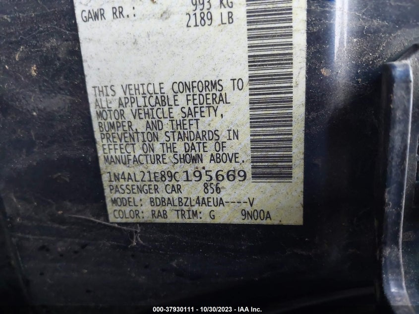 2009 Nissan Altima 2.5 S VIN: 1N4AL21E89C195669 Lot: 37930111