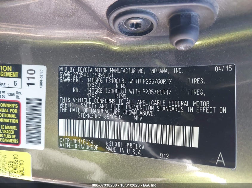 2015 Toyota Sienna Le VIN: 5TDKK3DC7FS610637 Lot: 37930280