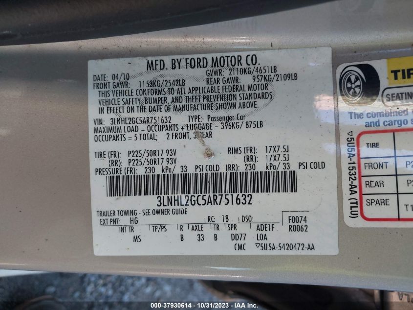 2010 Lincoln Mkz VIN: 3LNHL2GC5AR751632 Lot: 37930614