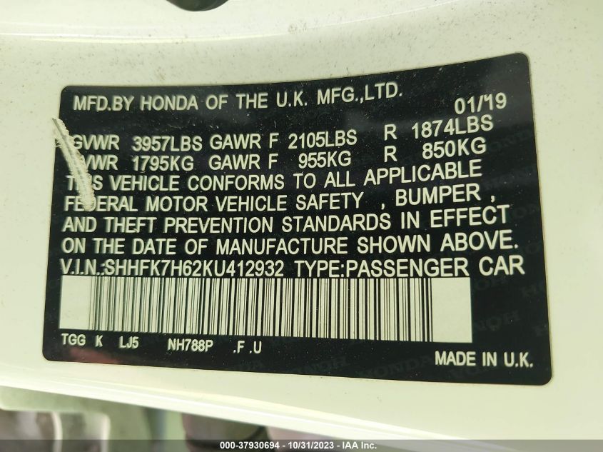 2019 Honda Civic Hatchback Ex VIN: SHHFK7H62KU412932 Lot: 37930694