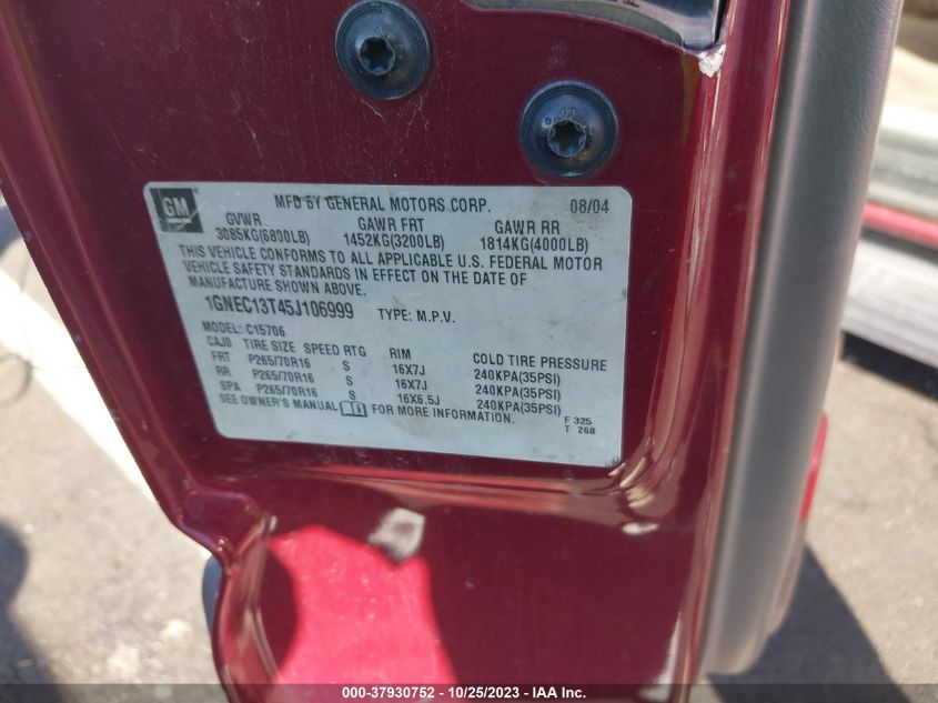 2005 Chevrolet Tahoe Ls VIN: 1GNEC13T45J106999 Lot: 37930752