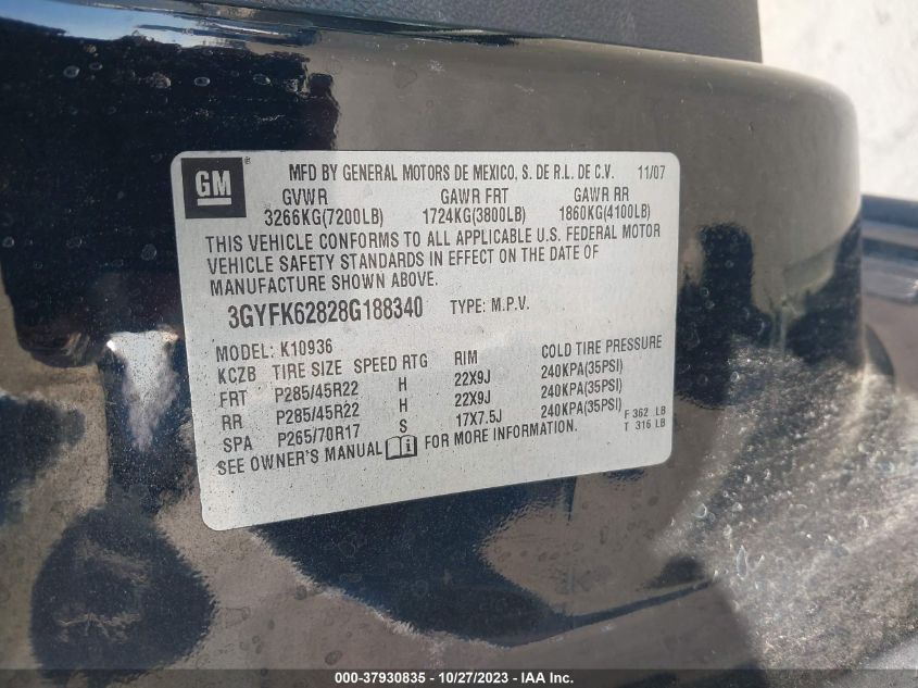 2008 Cadillac Escalade Ext Standard VIN: 3GYFK62828G188340 Lot: 37930835