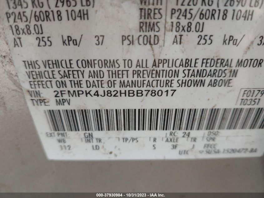 2017 Ford Edge Sel VIN: 2FMPK4J82HBB78017 Lot: 37930984