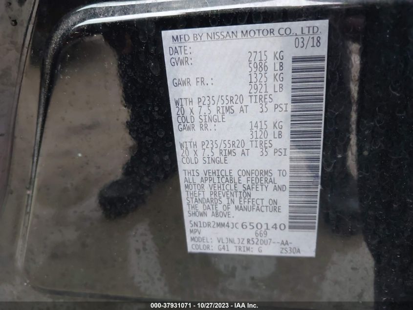 5N1DR2MM4JC650140 2018 Nissan Pathfinder Platinum