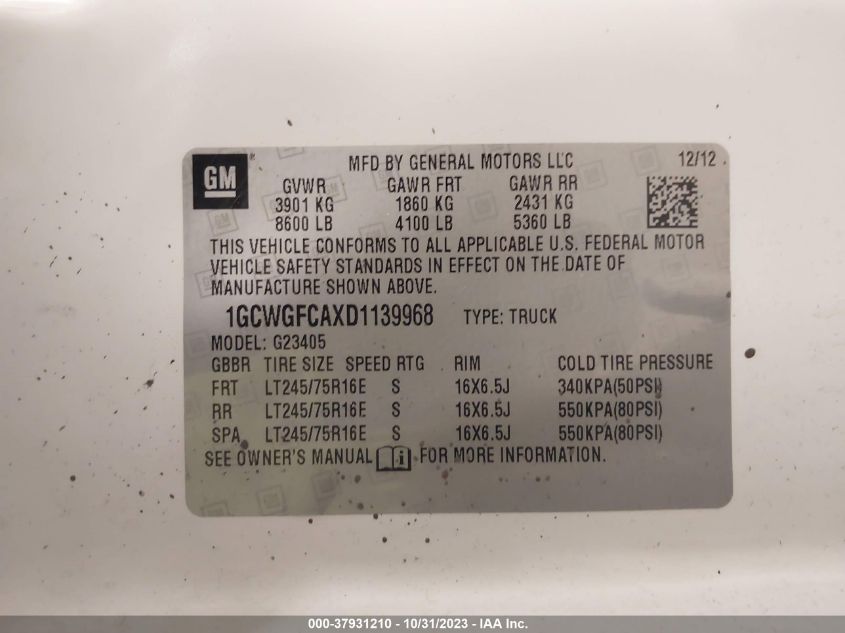 2013 Chevrolet Express Cargo Van VIN: 1GCWGFCAXD1139968 Lot: 37931210