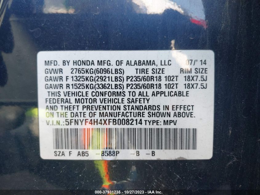 5FNYF4H4XFB008214 2015 Honda Pilot Ex