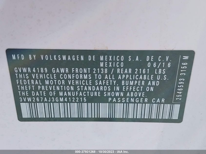 2016 Volkswagen Jetta Sedan 1.4T S VIN: 3VW267AJ3GM412215 Lot: 37931268