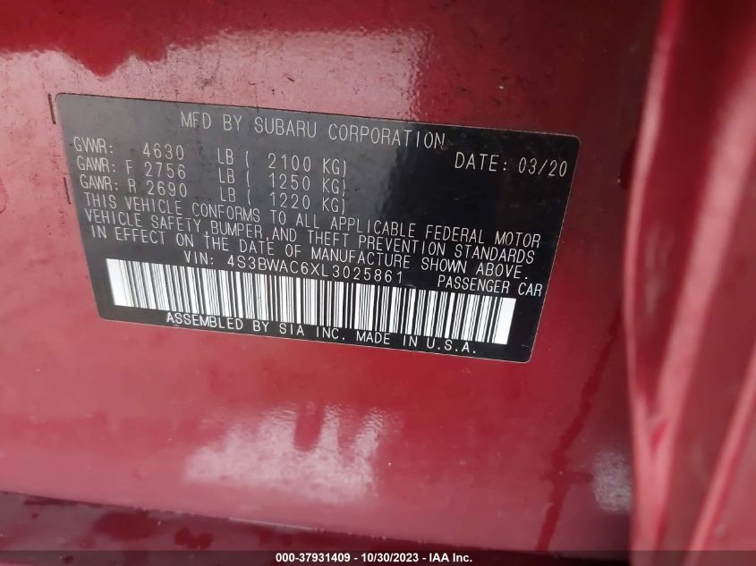 2020 Subaru Legacy Premium VIN: 4S3BWAC6XL3025861 Lot: 37931409