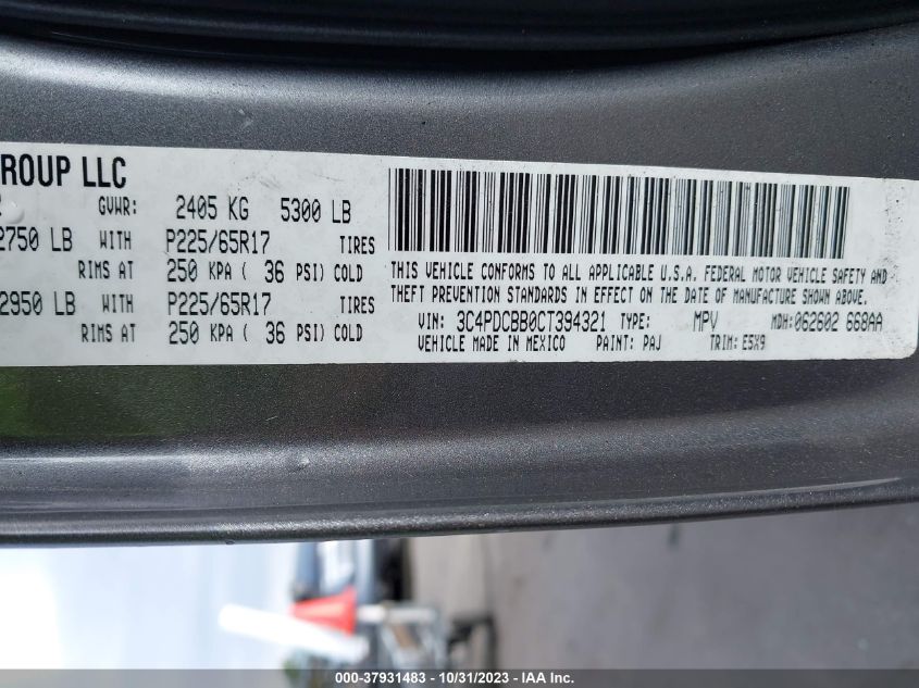 2012 Dodge Journey Sxt VIN: 3C4PDCBB0CT394321 Lot: 37931483