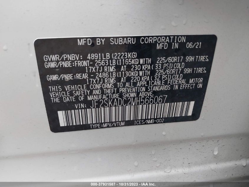 2021 Subaru Forester VIN: JF2SKADC2MH566067 Lot: 37931587