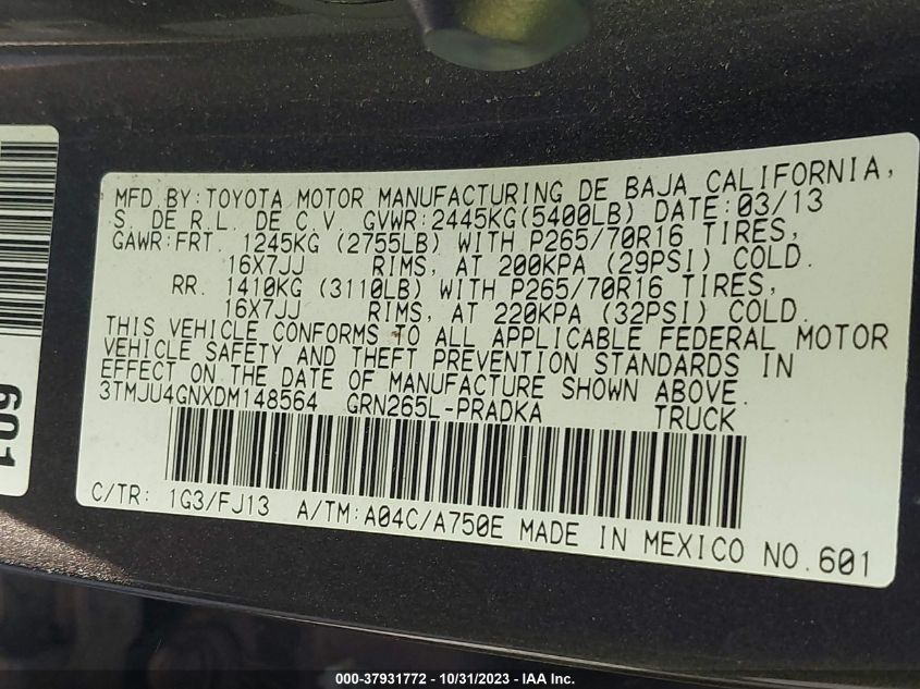 2013 Toyota Tacoma Prerunner VIN: 3TMJU4GNXDM148564 Lot: 37931772