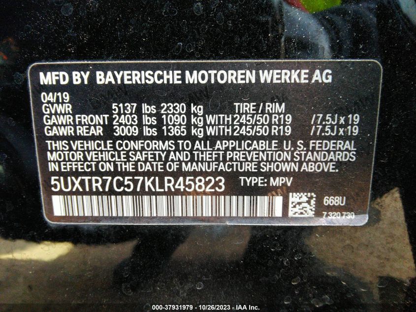 5UXTR7C57KLR45823 2019 BMW X3 Sdrive30I