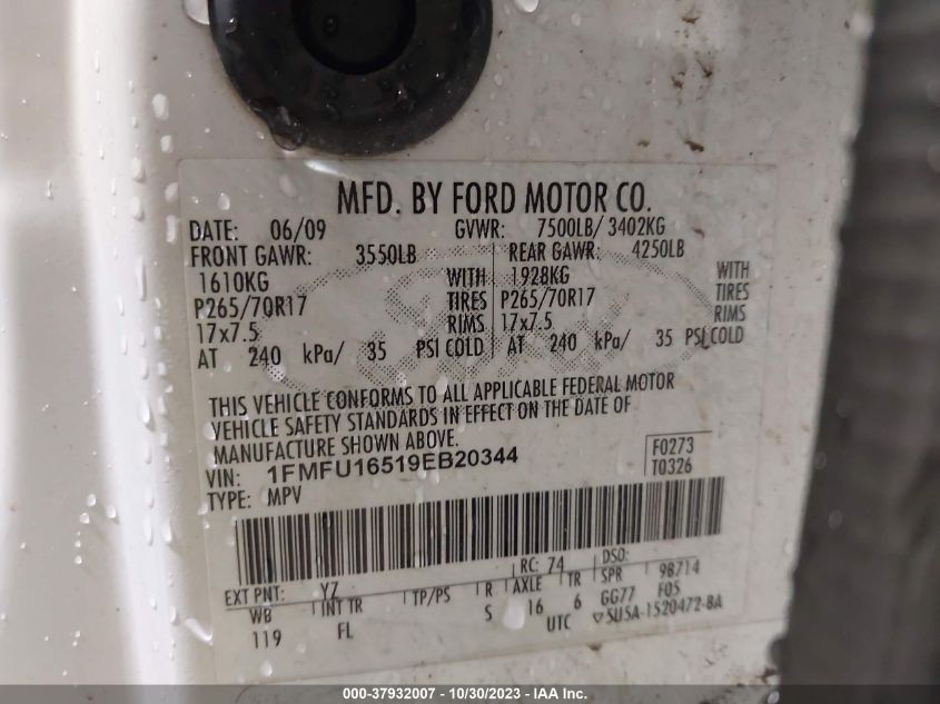 2009 Ford Expedition Xlt VIN: 1FMFU16519EB20344 Lot: 37932007