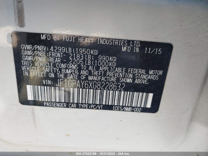 2016 Subaru Impreza Wagon 2.0I Sport Limited VIN: JF1GPAY6XG8228632 Lot: 37932169