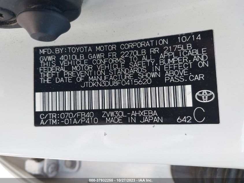 2015 Toyota Prius Two VIN: JTDKN3DU8F0415620 Lot: 37932255