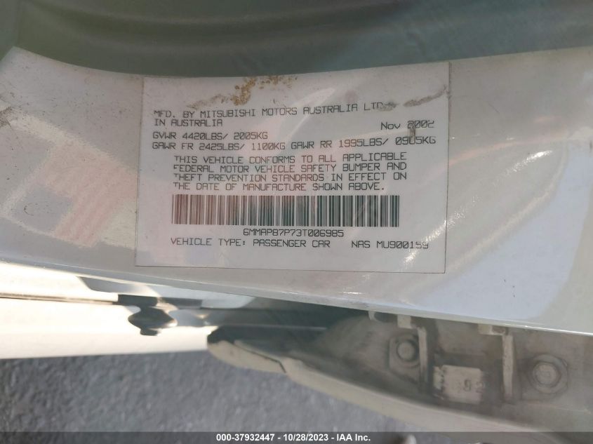 2003 Mitsubishi Diamante Vr-X VIN: 6MMAP87P73T006985 Lot: 37932447