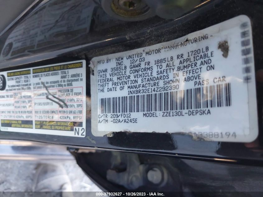 2004 Toyota Corolla Ce/S/Le VIN: 1NXBR32E14Z292390 Lot: 37932627