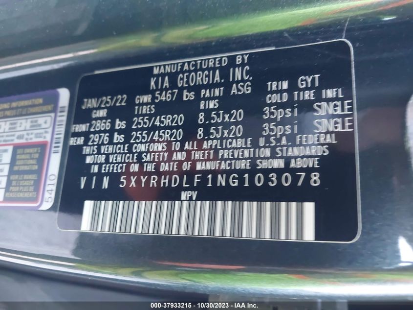 5XYRHDLF1NG103078 2022 Kia Sorento X-Line Ex