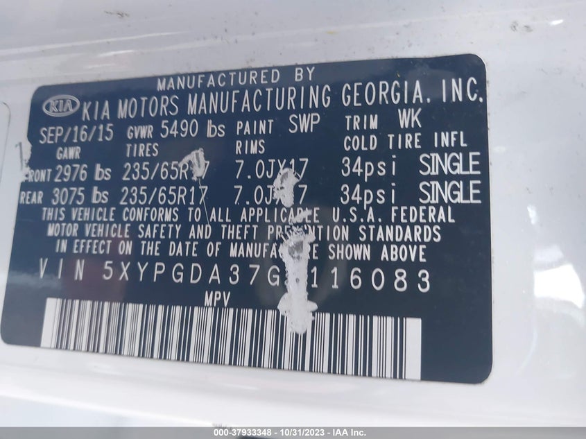 2016 Kia Sorento Lx VIN: 5XYPGDA37GG116083 Lot: 37933348