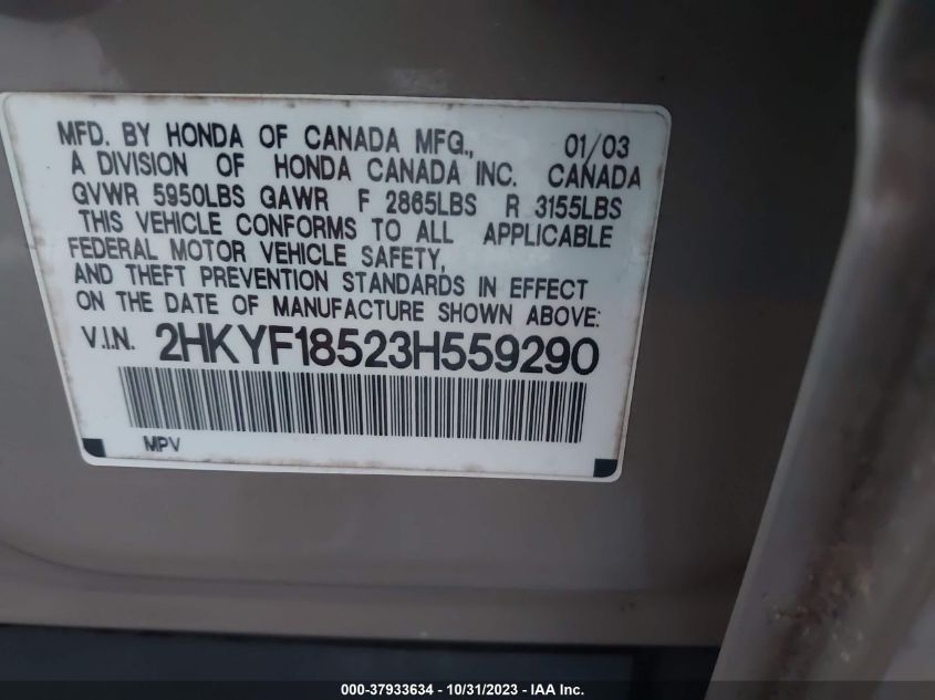 2003 Honda Pilot Ex VIN: 2HKYF18523H559290 Lot: 37933634