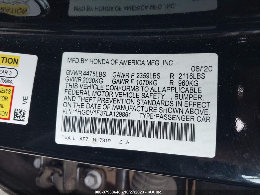 1HGCV1F37LA129861 2020 Honda Accord Sedan Sport