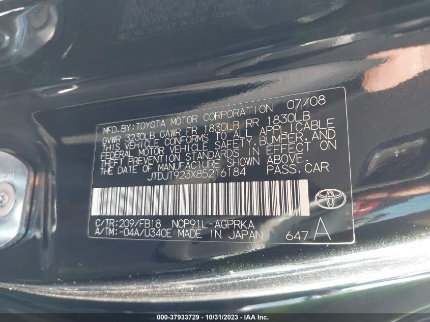 2008 Toyota Yaris VIN: JTDJT923X85216184 Lot: 37933729