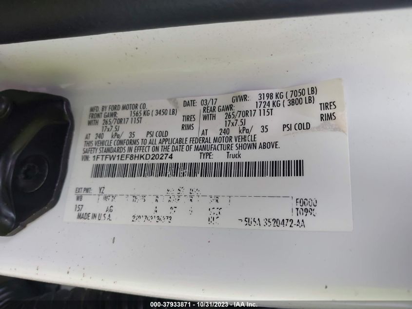 2017 Ford F-150 Xl VIN: 1FTFW1EF8HKD20274 Lot: 37933871