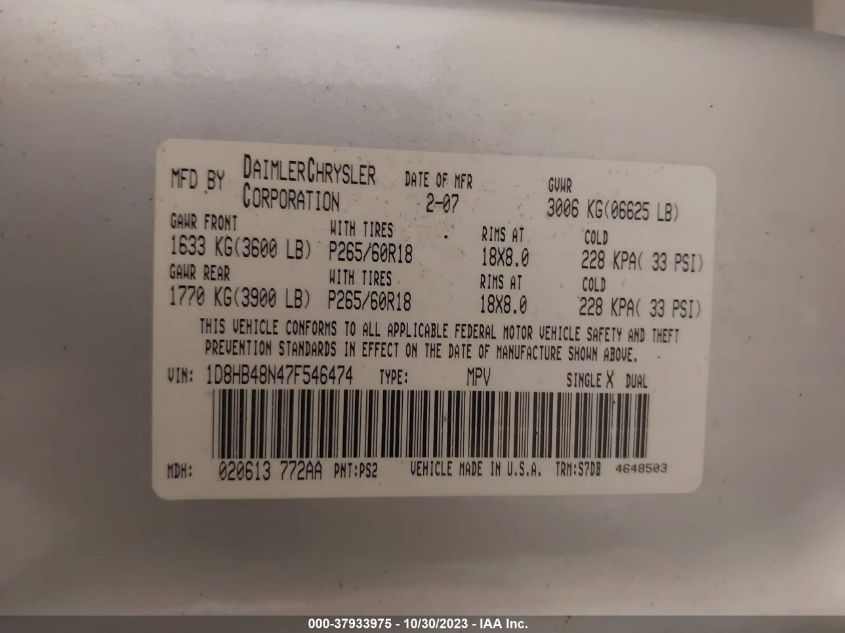 2007 Dodge Durango Slt VIN: 1D8HB48N47F546474 Lot: 37933975