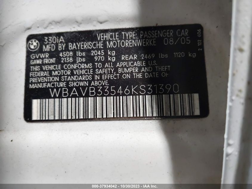 2006 BMW 3 Series 330I VIN: WBAVB33546KS31390 Lot: 37934042