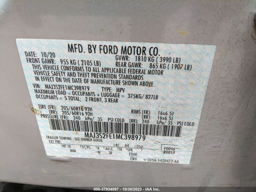 2021 Ford Ecosport S VIN: MAJ3S2FE1MC398979 Lot: 37934097