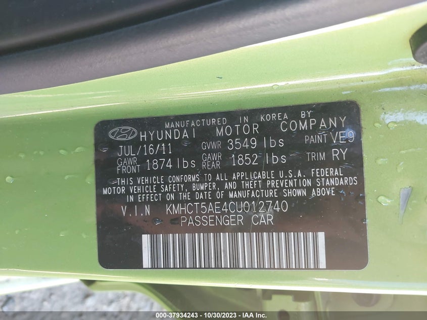 2012 Hyundai Accent Gs VIN: KMHCT5AE4CU012740 Lot: 37934243