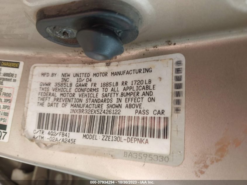 2005 Toyota Corolla Ce/S/Le VIN: 1NXBR32EX5Z426122 Lot: 37934294