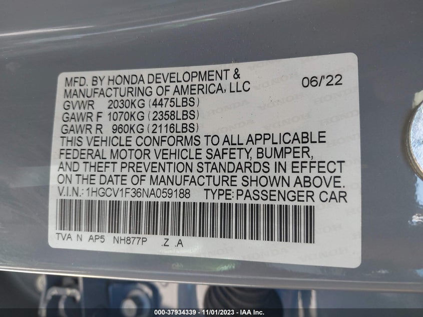 2022 HONDA ACCORD SPORT VIN: 1HGCV1F36NA059188