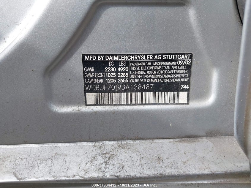 2003 Mercedes-Benz E-Class 5.0L VIN: WDBUF70J93A138487 Lot: 37934412