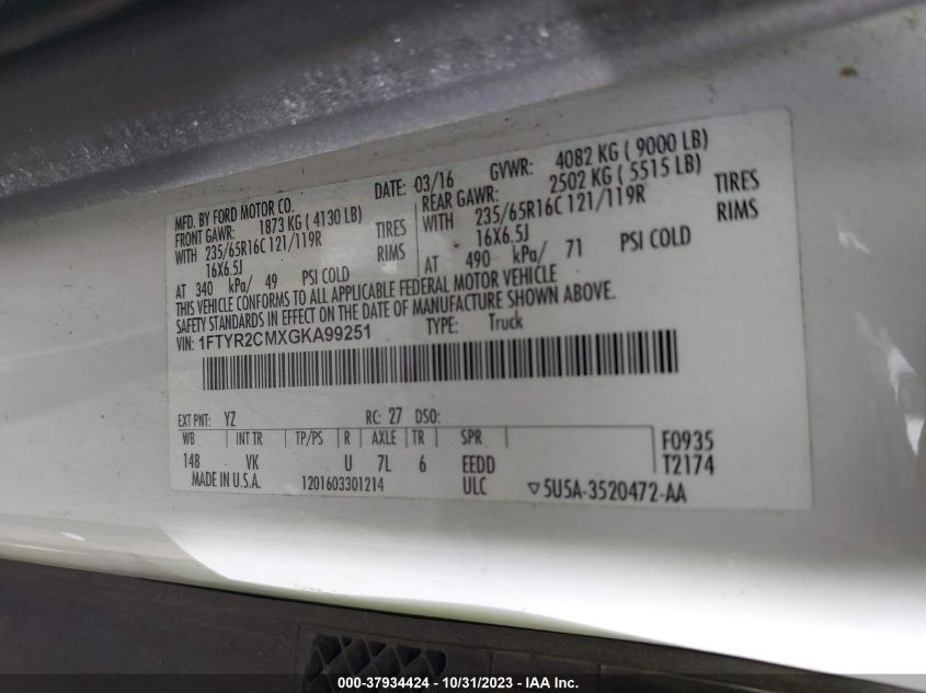 2016 Ford Transit Cargo Van VIN: 1FTYR2CMXGKA99251 Lot: 37934424