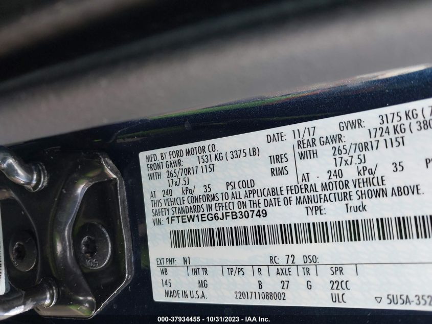 2018 Ford F-150 Xl/Xlt/Lariat VIN: 1FTEW1EG6JFB30749 Lot: 37934455