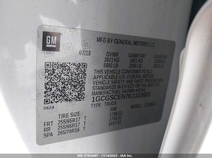 2019 Chevrolet Colorado 2Wd Lt VIN: 1GCGSCEN7K1102603 Lot: 37934487