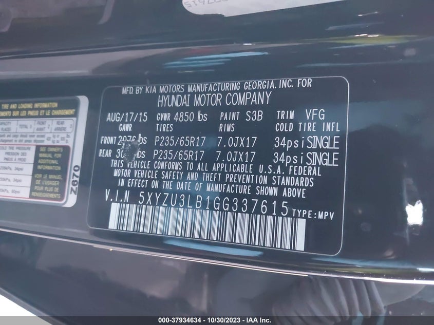 2016 Hyundai Santa Fe Sport VIN: 5XYZU3LB1GG337615 Lot: 37934634