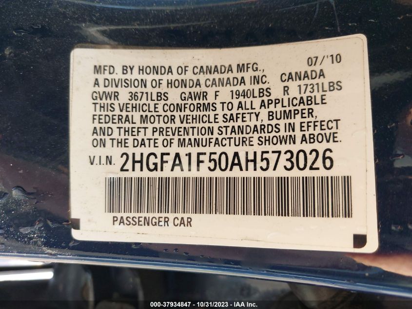 2010 Honda Civic Sdn Lx VIN: 2HGFA1F50AH573026 Lot: 37934847
