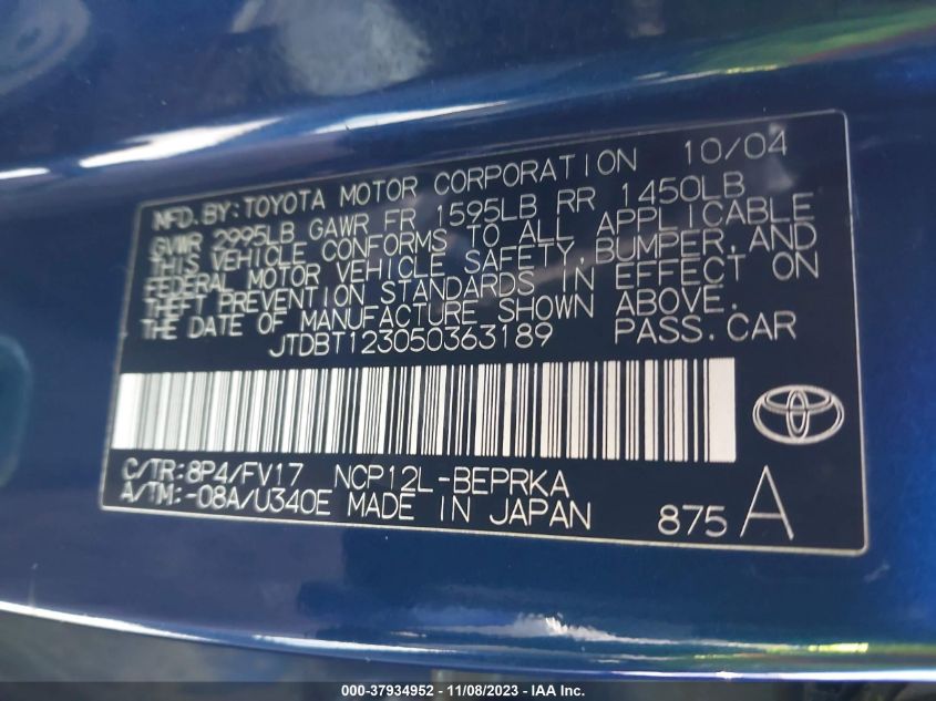 2005 Toyota Echo VIN: JTDBT123050363189 Lot: 37934952