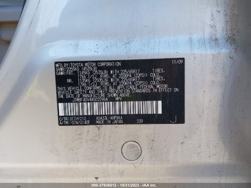 2010 Toyota Rav4 VIN: JTMBF4DV4A5022964 Lot: 37935012