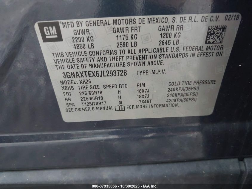 2018 Chevrolet Equinox Lt VIN: 3GNAXTEX6JL293728 Lot: 37935056