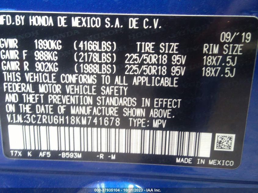 2019 Honda Hr-V Sport VIN: 3CZRU6H18KM741678 Lot: 37935104