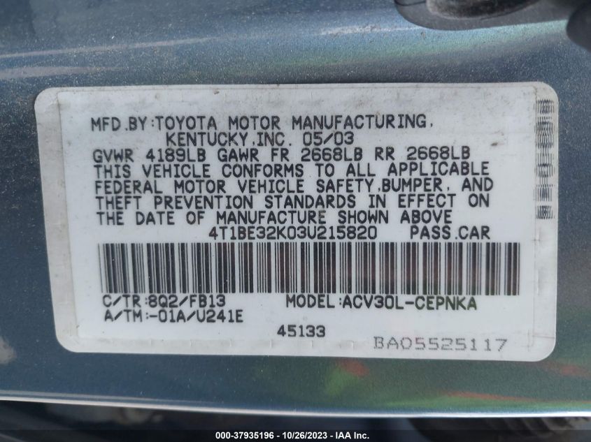 4T1BE32K03U215820 2003 Toyota Camry Le