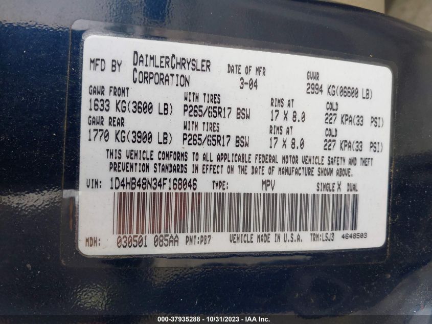 2004 Dodge Durango Slt VIN: 1D4HB48N34F168046 Lot: 37935288