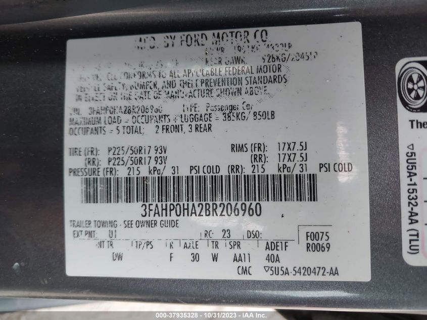 2011 Ford Fusion Se VIN: 3FAHP0HA2BR206960 Lot: 37935328