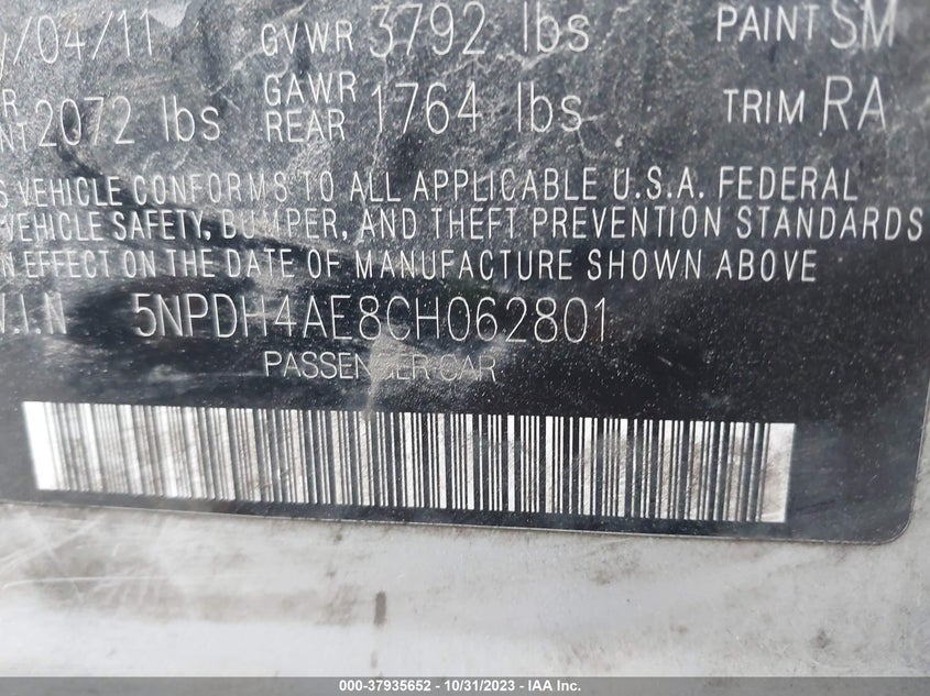 2012 Hyundai Elantra Gls VIN: 5NPDH4AE8CH062801 Lot: 37935652